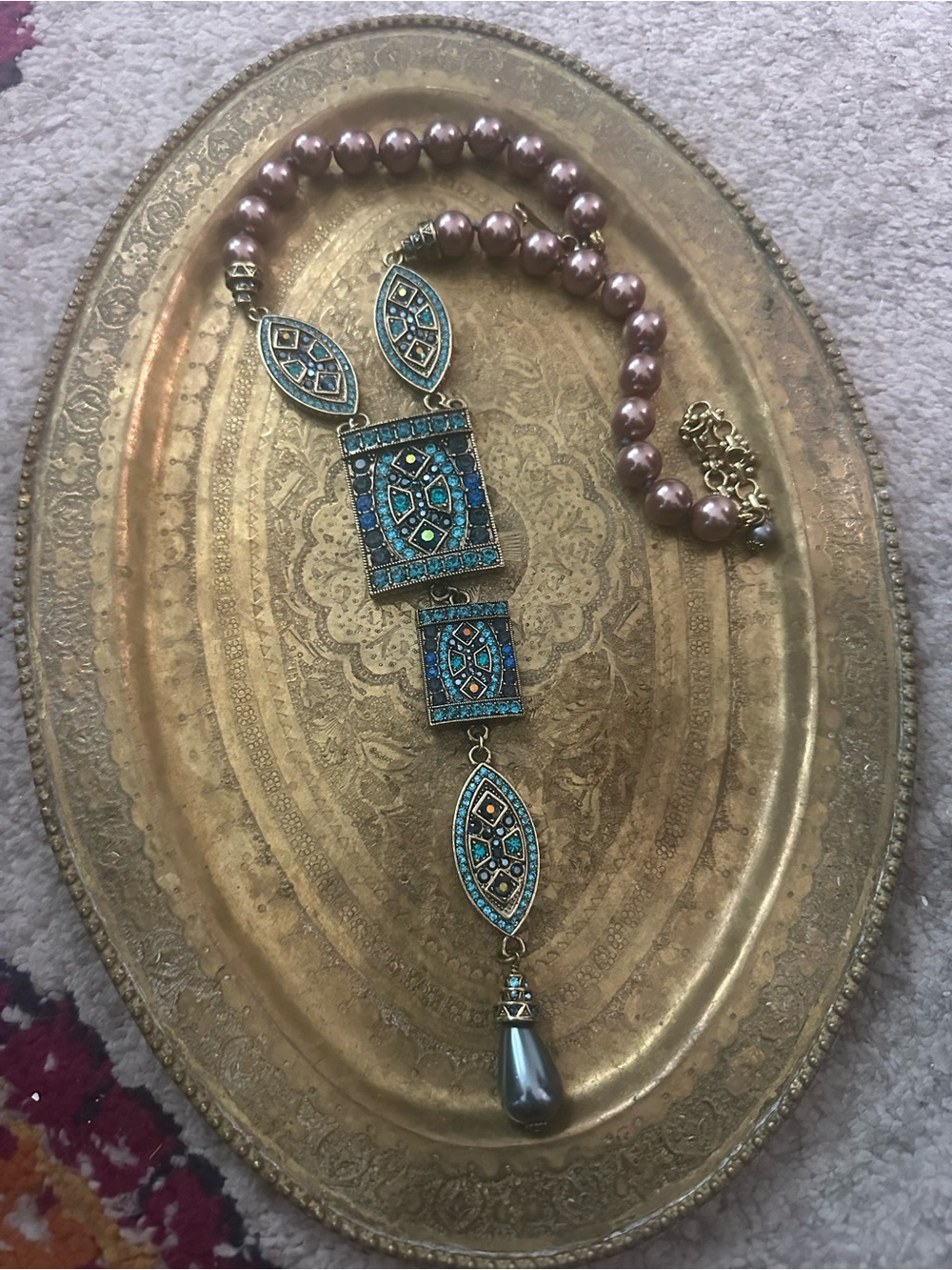 Heidi Daus Lavender Pearl Necklace with Blue Mosaic Pendant